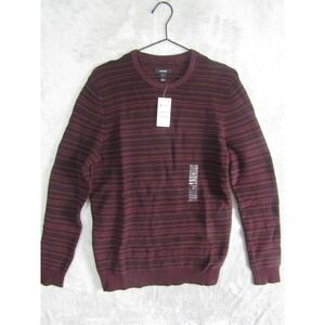 Alfani Mens Burgundy Black Striped Crew Neck Sweater Small Cotton